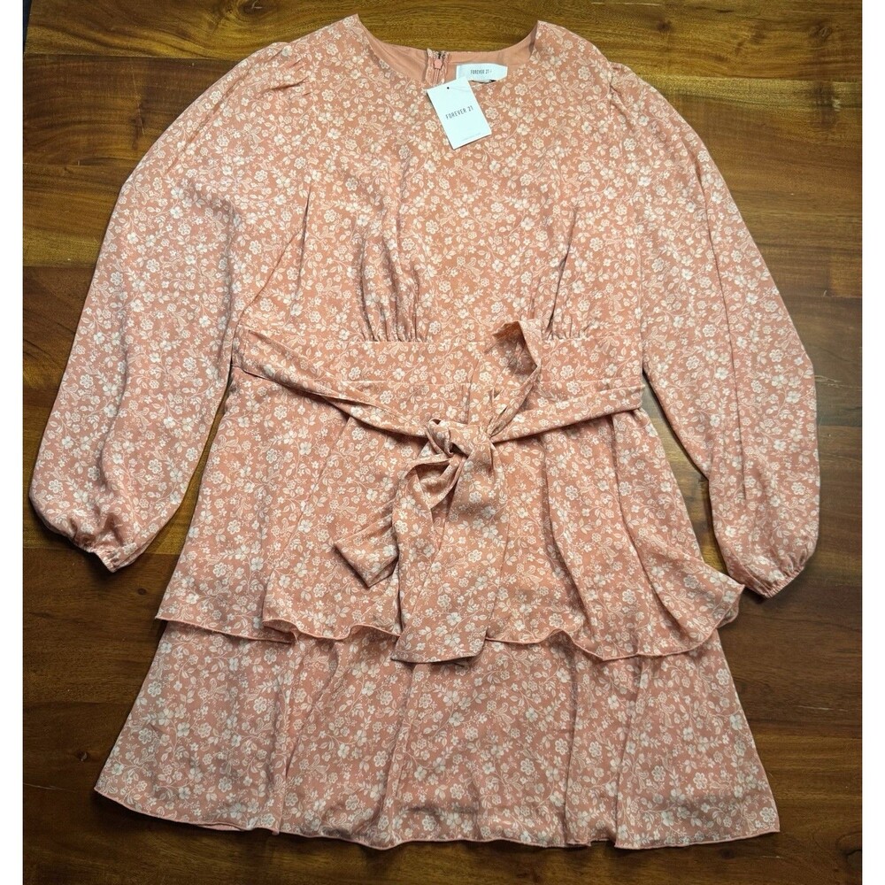 Forever 21 Plus Size 0X Pink Floral Chiffon Tiered Mini Dress Long Sleeve NWT